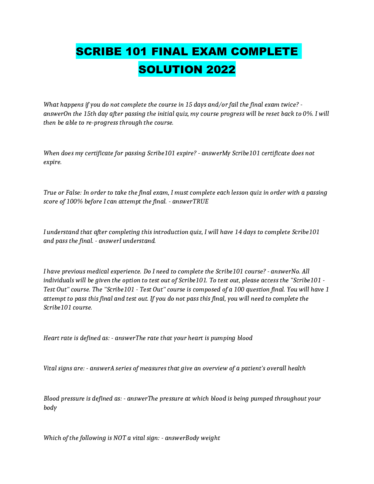Preview of SCRIBE 101 FINAL EXAM COMPLETE SOLUTION 2022